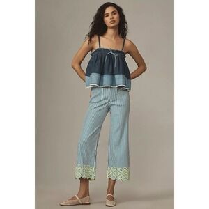Anthropologie Blue & White Striped Cropped Embroidered-Hem Pants
